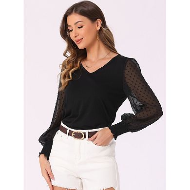 Mesh Contrast Top for Women's Semi Sheer Polka Dots Long Sleeve V Neck Casual Blouse Tops