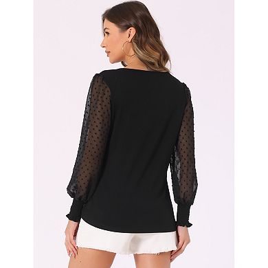 Mesh Contrast Top for Women's Semi Sheer Polka Dots Long Sleeve V Neck Casual Blouse Tops