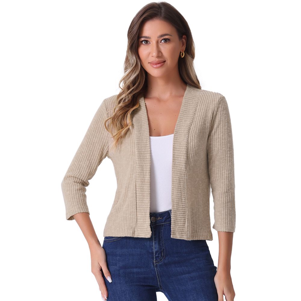 Women's Cropped Elegant Sweater Open Front 3/4 Sleeve Knit Casual