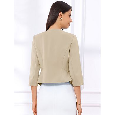 Elegant Blazer for Women's Open Front Collarless 3/4 Sleeve Peplum Business Work Suit Jacket