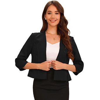 Elegant Blazer for Women's Open Front Collarless 3/4 Sleeve Peplum Business Work Suit Jacket