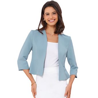Elegant Blazer for Women's Open Front Collarless 3/4 Sleeve Peplum Business Work Suit Jacket