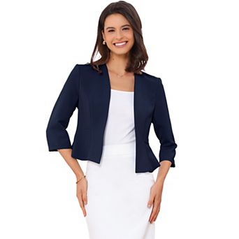 Elegant Blazer for Women's Open Front Collarless 3/4 Sleeve Peplum Business Work Suit Jacket