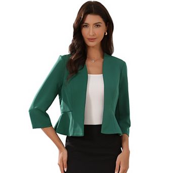 Elegant Blazer for Women's Open Front Collarless 3/4 Sleeve Peplum Business Work Suit Jacket