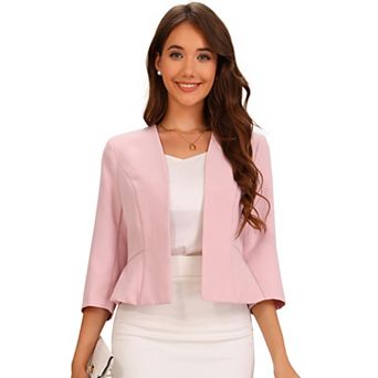 Elegant Blazer for Women's Open Front Collarless 3/4 Sleeve Peplum Business Work Suit Jacket