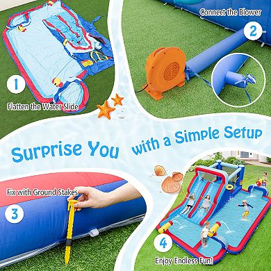 Inflatable Bounce House with 2 Water Slides and 3 Water Cannons With 680W Blower