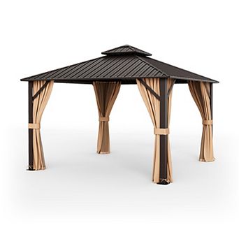12 x 12 Feet Double-Roof Patio Hardtop Gazebo with Galvanized Steel Roof Netting and Curtains-Coffee