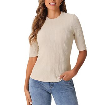 Crew Neck Top for Women's Ruched Solid Half Sleeve Basic Casual Blouse Tops