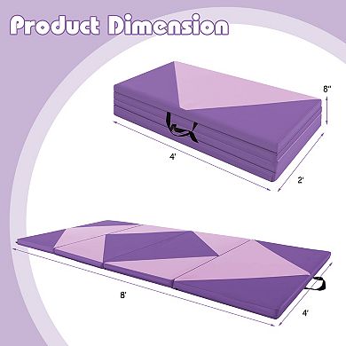 8 Feet PU Leather Folding Gymnastics Mat with Hook and Loop Fasteners-Pink & Purple