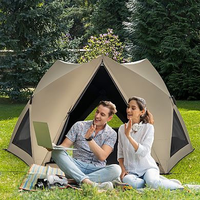 6-Sided Pop-up Family Tent with Rainfly Skylight 3 Doors 3 Windows-Green