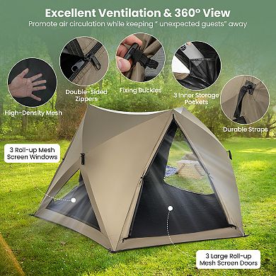 6-Sided Pop-up Family Tent with Rainfly Skylight 3 Doors 3 Windows-Green