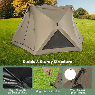 6-Sided Pop-up Family Tent with Rainfly Skylight 3 Doors 3 Windows-Green