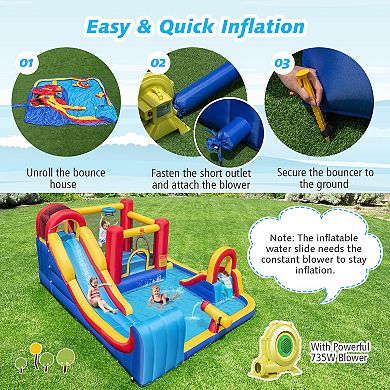7 in 1 Outdoor Inflatable Bounce House with Water Slides and Splash Pools with 735W Blower
