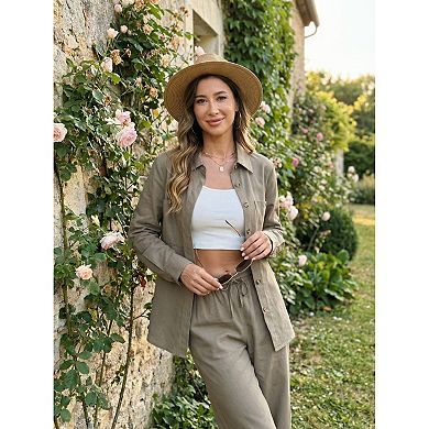 Women's 2 Piece Linen Set Button Down Shirt Drawstring Wide Leg Pants Casual Outfits