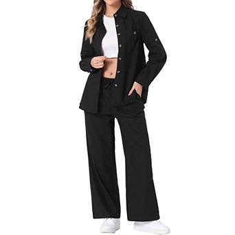 Women's 2 pc Linen Set Button Down Shirt Drawstring Wide Leg Pants Casual Outfits