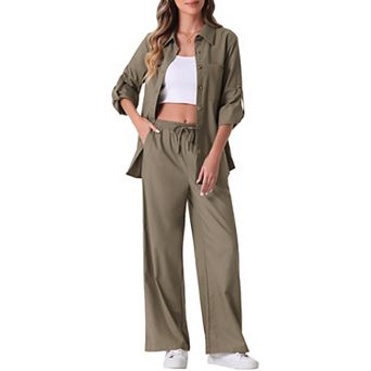 Women's 2 pc Linen Set Button Down Shirt Drawstring Wide Leg Pants Casual Outfits