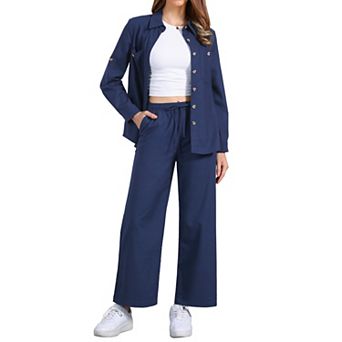 Women's 2 pc Linen Set Button Down Shirt Drawstring Wide Leg Pants Casual Outfits