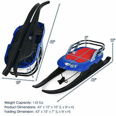 Folding Kids' Metal Snow Sled with Pull Rope Snow Slider and Leather Seat