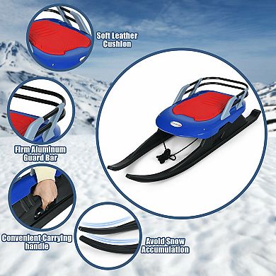 Folding Kids' Metal Snow Sled with Pull Rope Snow Slider and Leather Seat