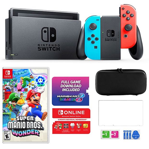 Switch with MarioKart 8 Bundle in Neon with Wonder Game & Accessories