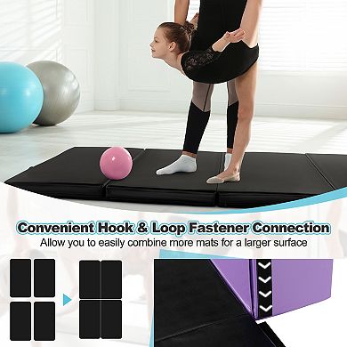 Folding Gymnastics Mat with Carry Handles and Sweatproof Detachable PU Leather Cover-Black