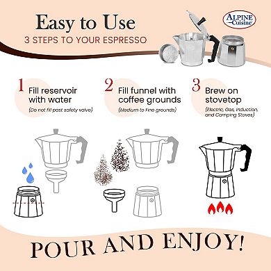Alpine Cuisine Stovetop Espresso Maker 12.5 Oz, Aluminum Moka Pot, Makes Delicious Coffee