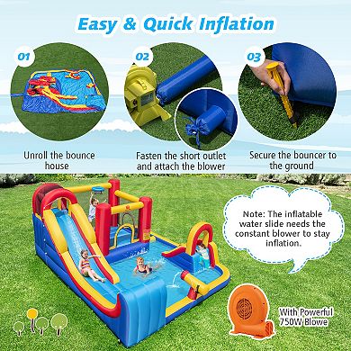 7 in 1 Outdoor Inflatable Bounce House with Water Slides and Splash Pools with 750W Blower