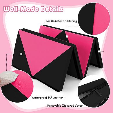 8 Feet PU Leather Folding Gymnastics Mat with Hook and Loop Fasteners-Heart Pink