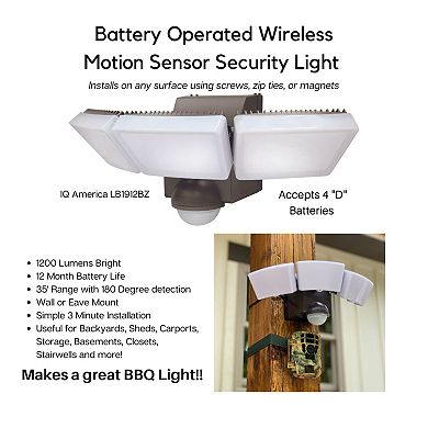 IQ America Battery-Powered Motion Security Flood Light 1200 Lumen LED
