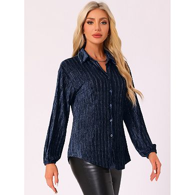 Velvet Button Down Shirt for Women's Long Sleeve Collared Pleated Loose Fit Casual Shirts Top