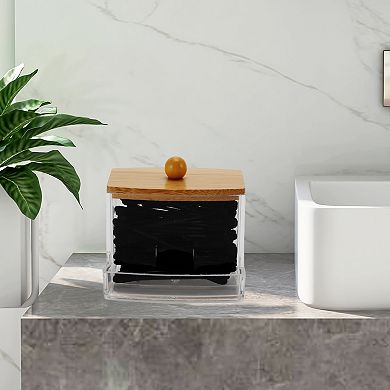 1 Pc Square Cover Acrylic Wood Cotton Swab Jar for Bath