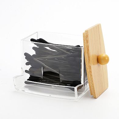1 Pc Square Cover Acrylic Wood Cotton Swab Jar for Bath