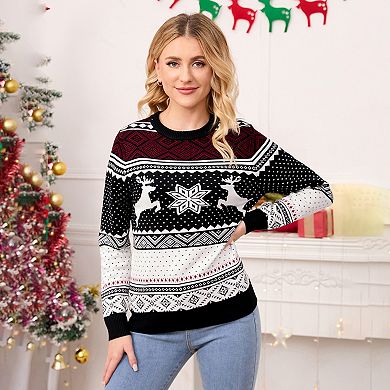 Christmas Sweater Crew Neck Reindeer Snowflakes Knitted Pullover for Women