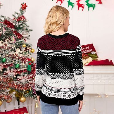 Christmas Sweater Crew Neck Reindeer Snowflakes Knitted Pullover for Women