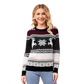 Christmas Sweater Crew Neck Reindeer Snowflakes Knitted Pullover for Women