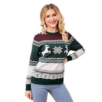 Christmas Sweater Crew Neck Reindeer Snowflakes Knitted Pullover for Women