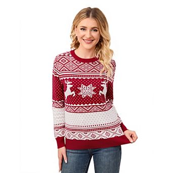 Christmas Sweater Crew Neck Reindeer Snowflakes Knitted Pullover for Women