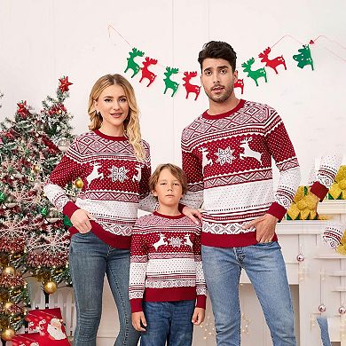 Family Christmas Sweater Crew Neck Reindeer Snowflakes Knitted Pullover for Men