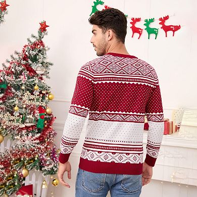 Family Christmas Sweater Crew Neck Reindeer Snowflakes Knitted Pullover for Men