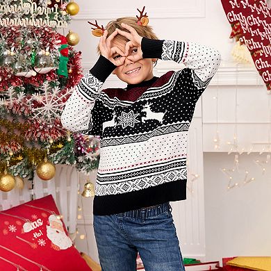 Christmas Sweater Crew Neck Reindeer Snowflakes Knitted Pullover for Kids