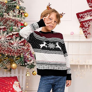 Christmas Sweater Crew Neck Reindeer Snowflakes Knitted Pullover for Kids