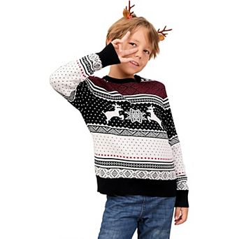 Christmas Sweater Crew Neck Reindeer Snowflakes Knitted Pullover for Kids