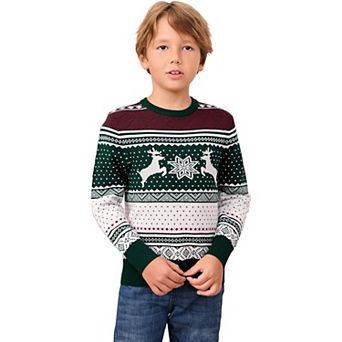 Christmas Sweater Crew Neck Reindeer Snowflakes Knitted Pullover for Kids