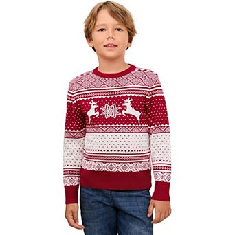 Christmas Sweater Crew Neck Reindeer Snowflakes Knitted Pullover for Kids