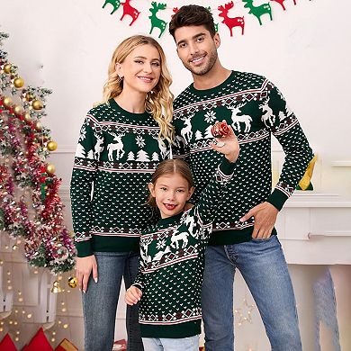 Family Christmas Sweater Crew Neck Reindeer Snowflakes Knitted Pullover for Men