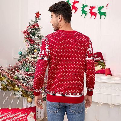 Family Christmas Sweater Crew Neck Reindeer Snowflakes Knitted Pullover for  Men