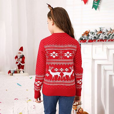 Matching Christmas Sweater Reindeer Snowflakes Knitted Ugly Crew Neck Pullover for Girls/Boys/Kids