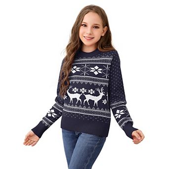 Matching Christmas Sweater Reindeer Snowflakes Knitted Ugly Crew Neck Pullover for Girls/Boys/Kids