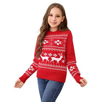 Matching Christmas Sweater Reindeer Snowflakes Knitted Ugly Crew Neck Pullover for Girls/Boys/Kids