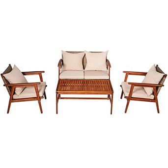 4 pc Acacia Wood Patio Rattan Furniture Set With Cushions